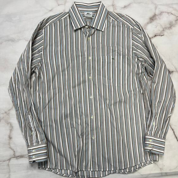 Lacoste Button Up Shirt Size 42 (L) Blue Beige Striped Logo Pocket Long Sleeve - Picture 1 of 5